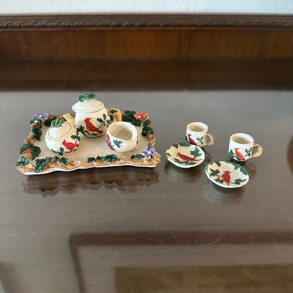 Vintage 1995 CBK Ltd Miniature Tea Set Red Cardinal Holly Berry 8 Piece Tray Set
